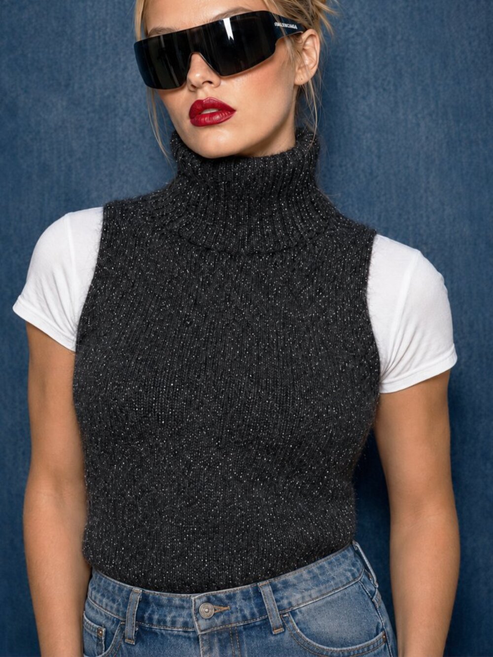 Wool Lurex Black Sleeveless Turtleneck Sweater Academia Minimalist Size M